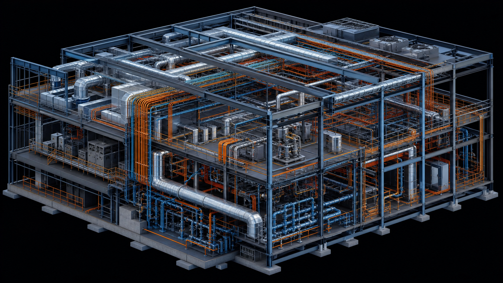A detailed 3D architectural cross-section view of a large industrial building showing multiple overlapping engineering systems: structural steel framework, mechanical ductwork, electrical conduit runs, and plumbing pipes all federated together in a dense, complex construction model, rendered with cool blue and orange tones on a dark background, isometric perspective, no text