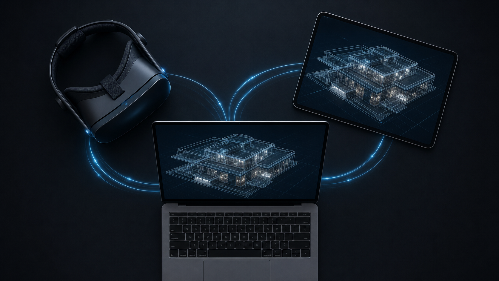 A top-down flat-lay view of three devices arranged on a clean dark surface: a VR headset, an iPad, and a laptop, each displaying a glowing 3D architectural building model on their screens, connected by subtle blue light trails suggesting a live shared session, modern and minimal, cool blue and teal tones, no text, no labels, no words