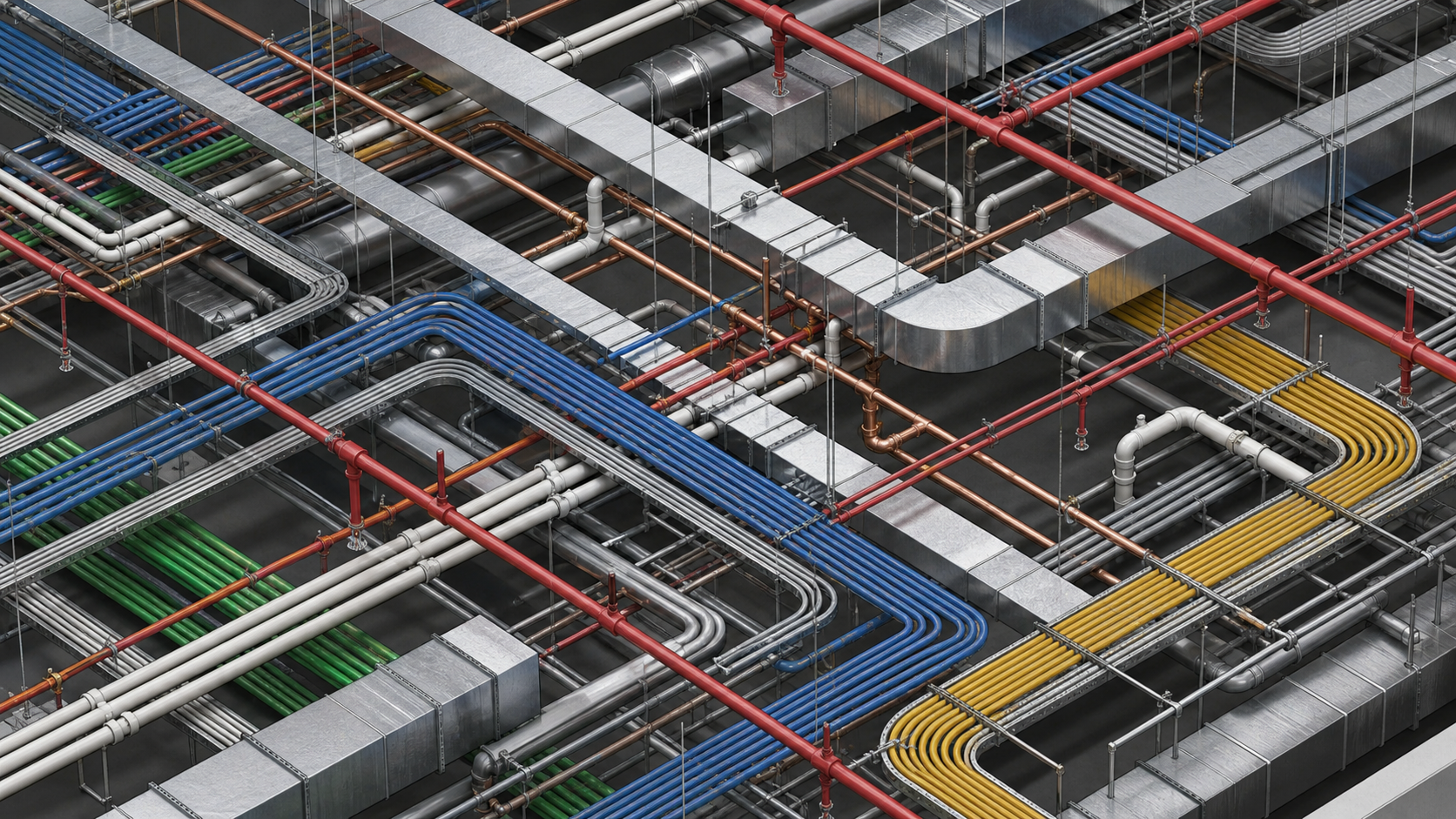 A tight ceiling plenum space in a large commercial building showing densely packed MEP systems: HVAC ductwork, electrical conduit bundles, plumbing pipes, and fire suppression sprinkler lines all running parallel and crossing each other in a congested overhead zone, isometric technical illustration style with color-coded systems, clean professional rendering, no text or labels, no words