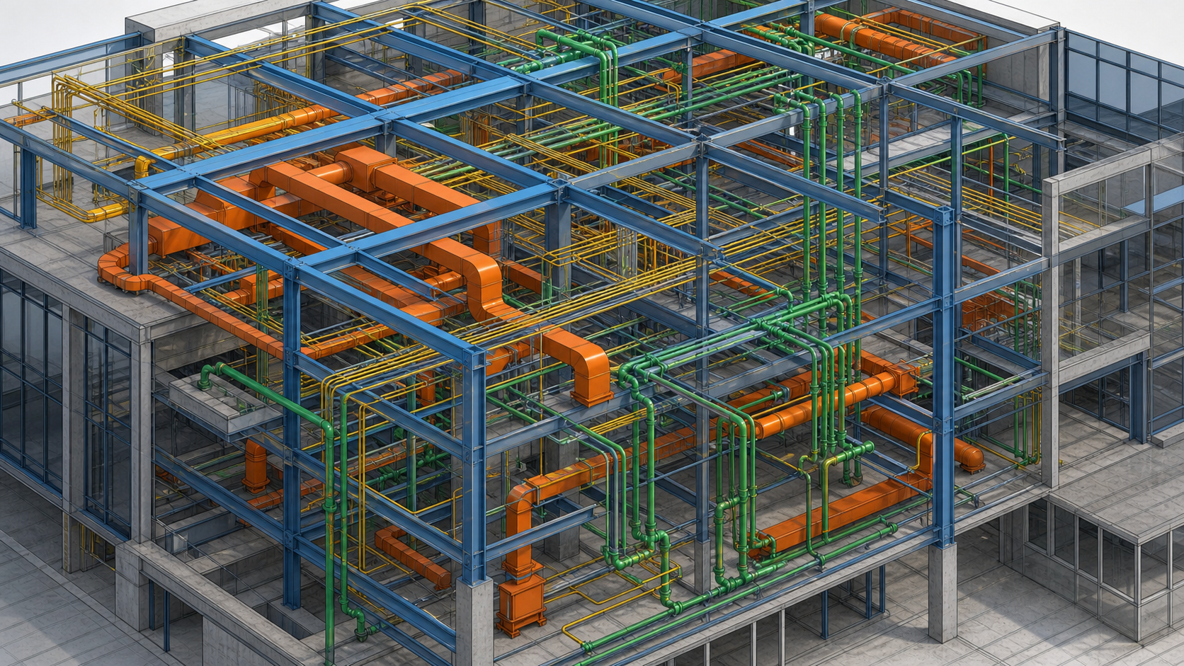 A construction BIM coordination scene showing multiple layered building system models combining into a single federated model: structural steel framing in blue, mechanical ductwork in orange, electrical conduit in yellow, and plumbing pipes in green, all overlapping in the same three-dimensional space inside a modern building under construction, isometric technical illustration style, clean and professional, no text or labels