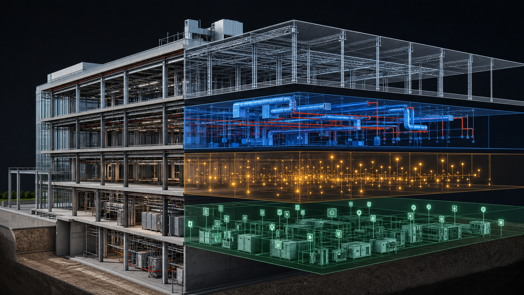 A cutaway cross-section of a multi-story building showing multiple transparent layered overlays representing different data dimensions, one layer showing structural steel skeleton, another showing mechanical ductwork and piping in blue and red, another showing cost data as glowing nodes, and a final layer showing facility asset tags, each layer visually distinct with subtle color coding, technical construction environment, no people, clean modern aesthetic, no text or labels