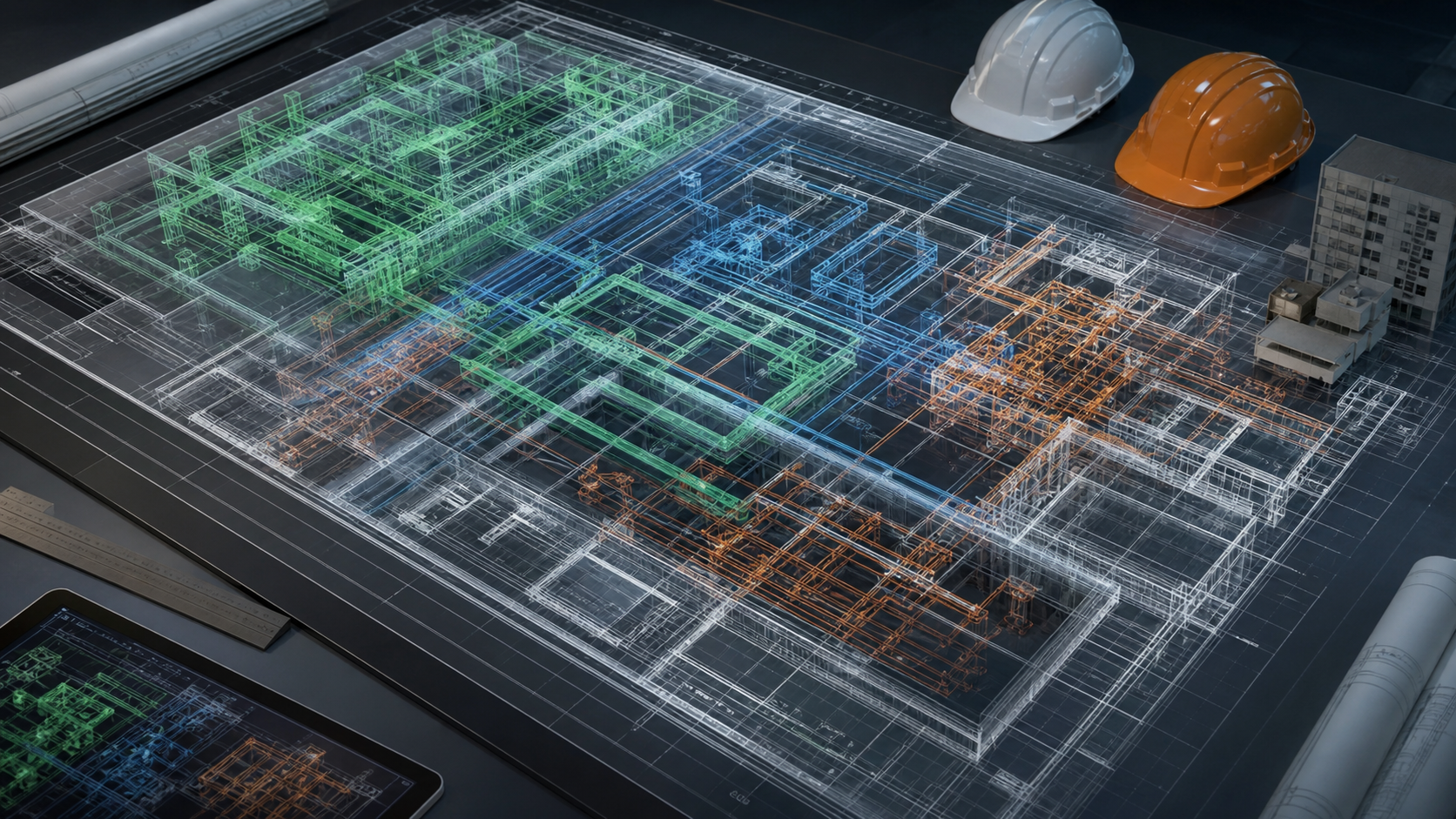 A top-down architectural blueprint of a large building spread across a drafting table, with layered translucent digital overlays showing structural, mechanical, and electrical systems in different colors, construction hard hats and building models nearby, professional construction coordination environment, no people, clean and technical aesthetic