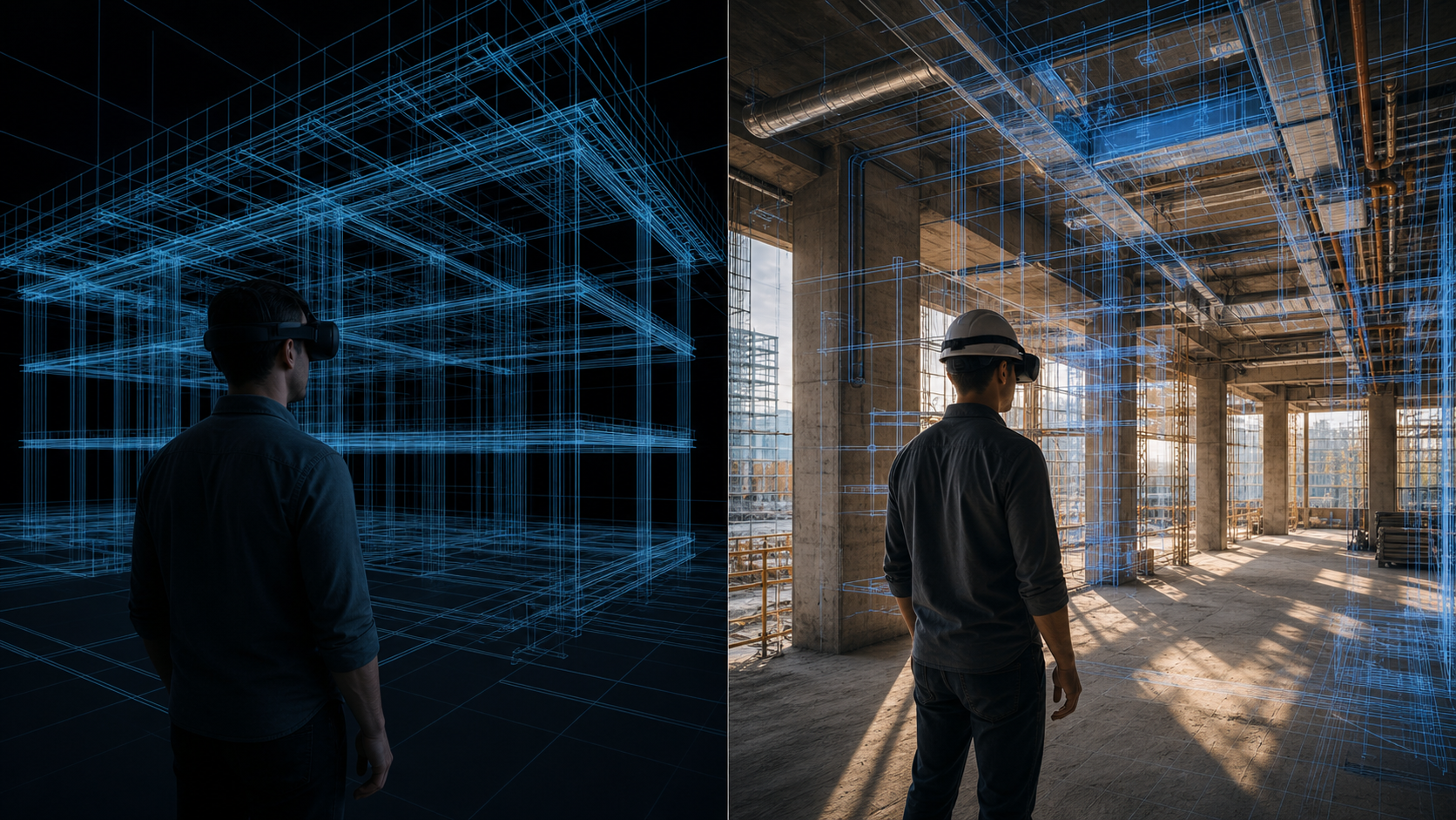 A split-scene construction visualization showing two perspectives side by side: on the left, a person fully immersed in a dark virtual environment with a glowing blue wireframe BIM model of a building structure floating in three-dimensional space around them, representing full VR immersion in pre-construction; on the right, the same person standing inside a real partially-built concrete building with transparent blue BIM model layers overlaid on top of the physical space, mechanical systems and structural elements blending between digital and real, representing passthrough AR during active construction, warm natural construction site lighting on the right, cool blue digital glow on the left, no text or labels anywhere