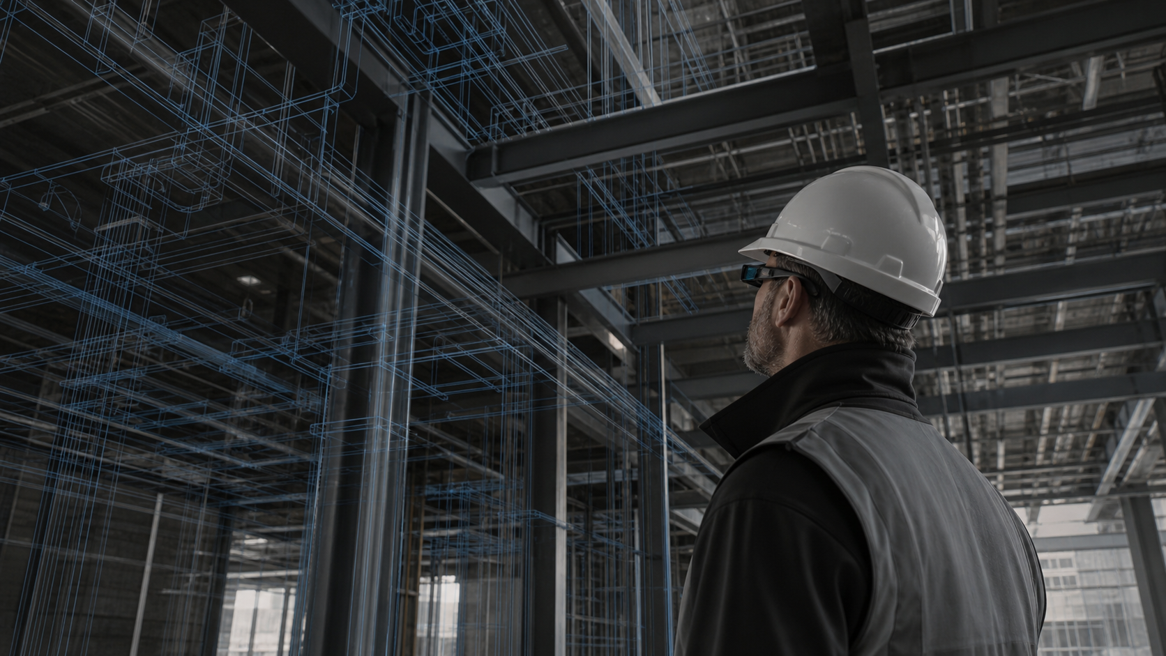 A construction foreman wearing a hard hat and slim smart glasses standing inside an unfinished industrial building, looking up at structural steel beams and mechanical systems, with a faint transparent blue wireframe BIM model overlay visible in the foreground matching the physical space, natural site lighting, realistic construction environment