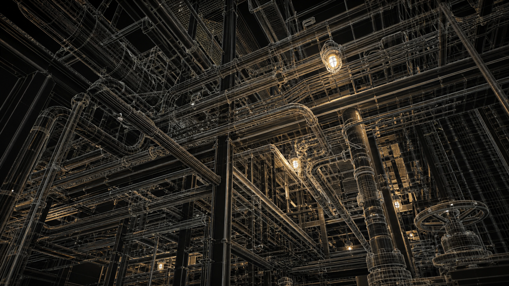 A dense industrial refinery pipe rack with tightly packed pipes, cable trays, valves, and structural steel members filling a confined module, warm industrial lighting, realistic 3D rendering style, no human figures, shot from a low angle looking up through the congested systems to show the complexity and spatial density of energy facility infrastructure