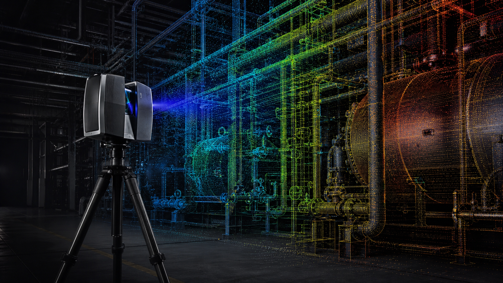 A laser scanner on a tripod positioned inside a large industrial facility, capturing a dense point cloud of pipes, vessels, and structural steel, with colorful dots forming the digital scan overlay around the equipment, realistic industrial environment, dramatic lighting, no text or labels