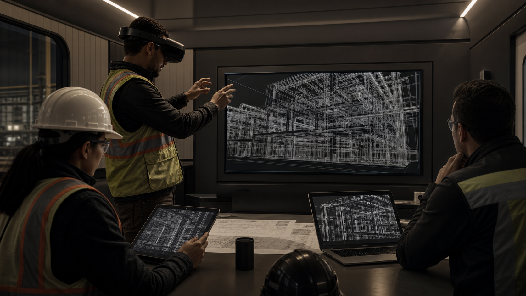 A construction coordination session showing multiple people in a modern job site trailer reviewing a large 3D building model on different devices: one person wearing a VR headset, another looking at a tablet, and a third at a laptop, all viewing the same complex industrial piping and structural model, warm professional lighting, realistic industrial environment, no text or labels