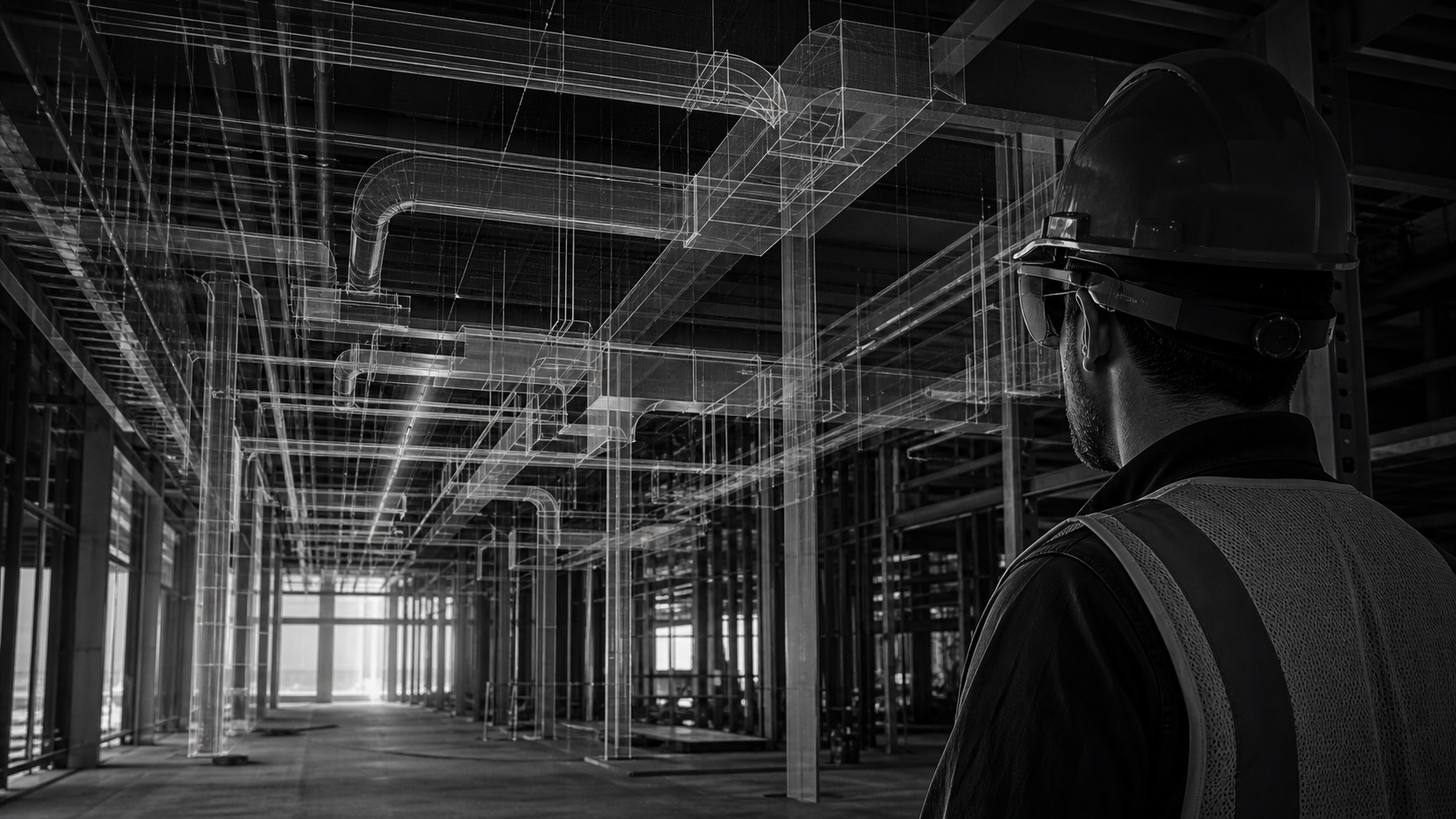A construction worker wearing lightweight AR/VR glasses standing inside a large industrial facility under construction, with a translucent holographic BIM model overlay visible through the lenses showing mechanical ductwork and piping systems aligned with the physical environment, dramatic industrial lighting with concrete floors and steel structure in background, cinematic documentary style, no text or labels