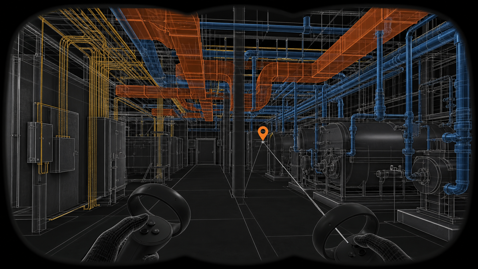 A first-person perspective view from inside a VR headset looking into a detailed 3D construction coordination model of a mechanical room, showing color-coded MEP systems including blue pipes, orange ductwork, and yellow electrical conduit, with a floating annotation marker visible in the scene, wireless VR controller hands visible at the bottom of the frame, dark interface edges framing the view like a headset display
