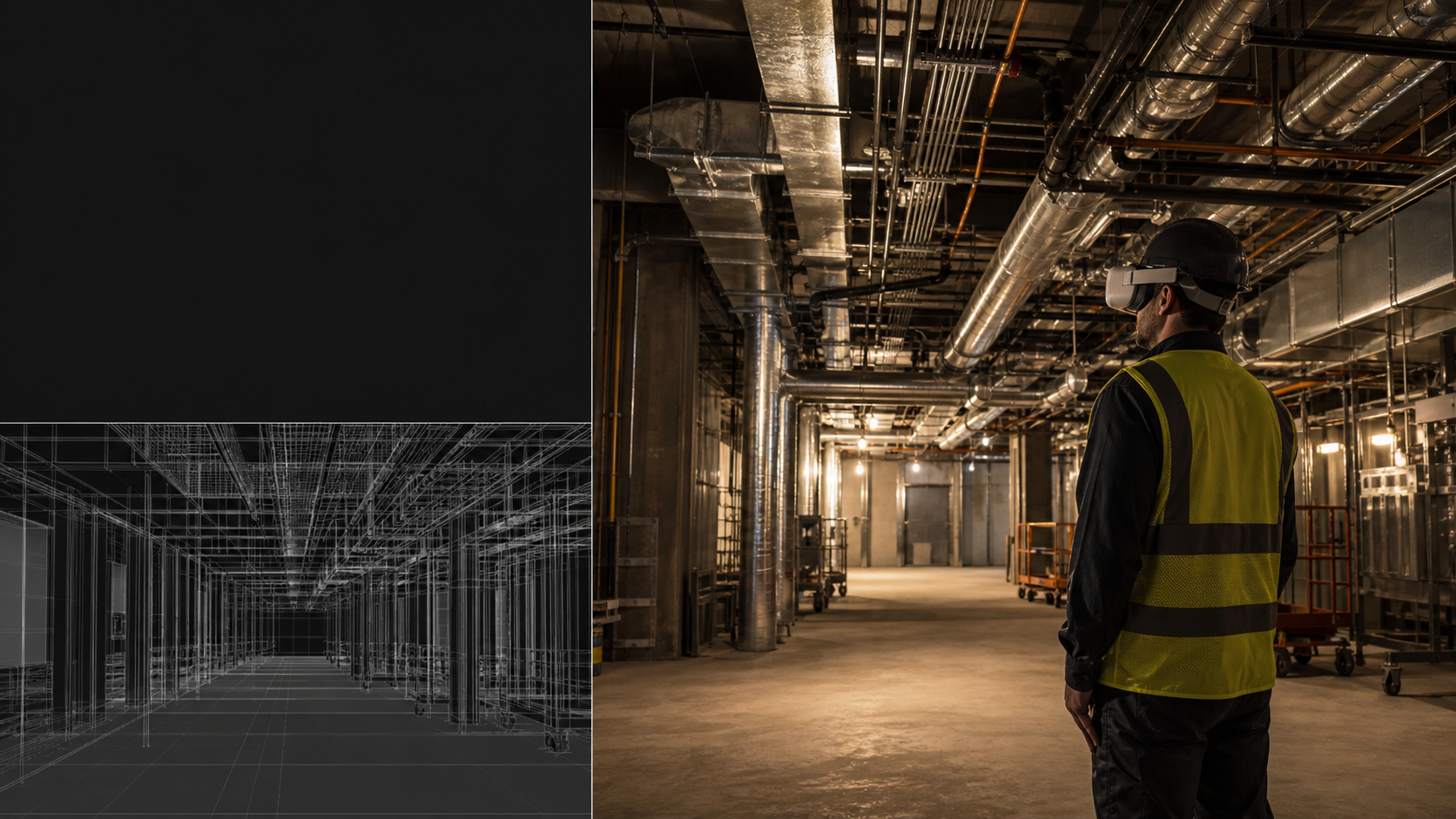 A construction superintendent wearing a VR headset standing inside a large industrial mechanical room with exposed ductwork, pipes, and electrical conduits overhead, reviewing the space at human scale, warm industrial lighting, realistic construction environment, no text or labels