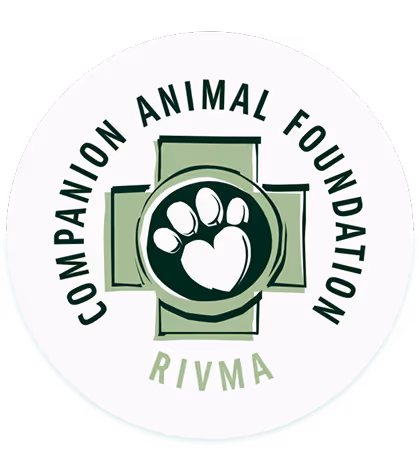 Circular logo with "Companion Animal Foundation RIVMA" text encircling a green cross. A stylized paw and heart design is centered, conveying care and compassion.