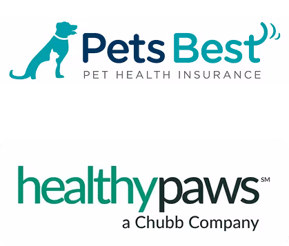 Logos of two pet insurance companies: "Pets Best" with a teal dog silhouette, and "Healthy Paws" in green text, described as "a Chubb Company."