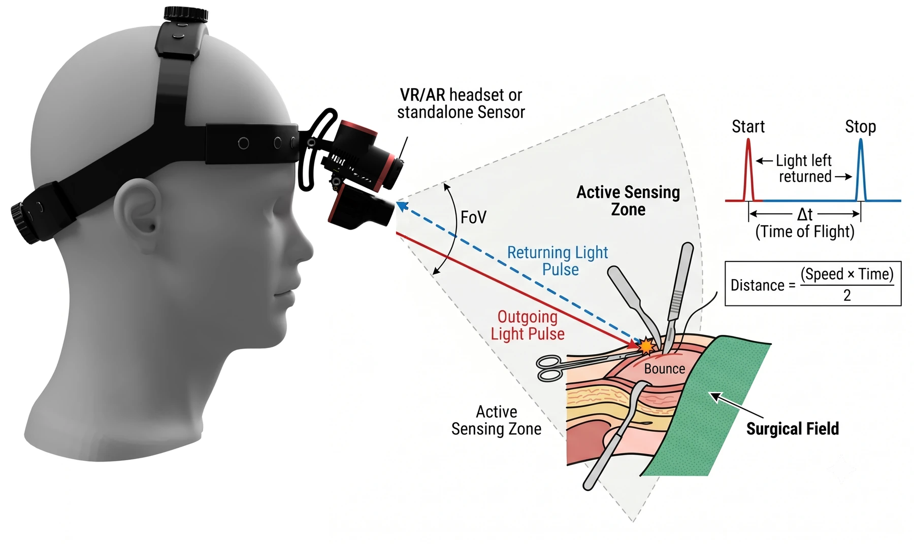 Diagram of time-of-flight autofocus: a head-worn camera emits a light pulse into the surgical field and times the returning pulse to measure distance to the tissue.