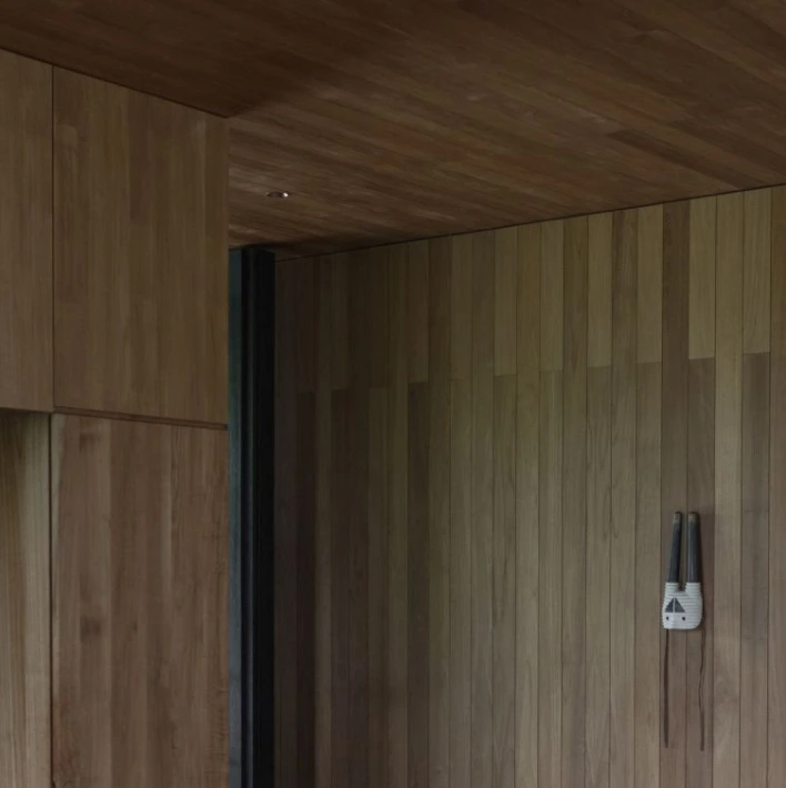 Timber-lined interior wall and ceiling with a minimalist wooden door.