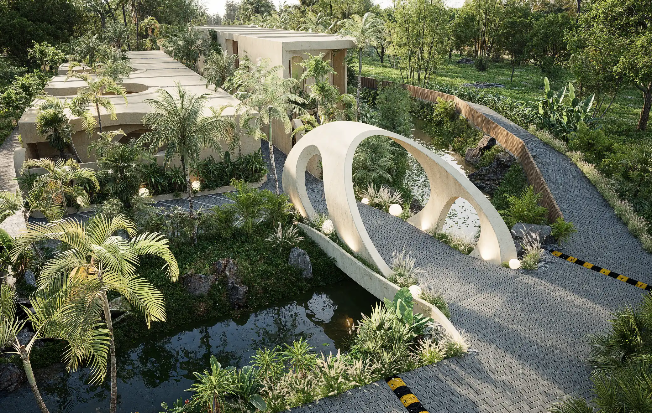 Contemporary residential development in Bali featuring landscaped gardens and sculptural architectural elements.