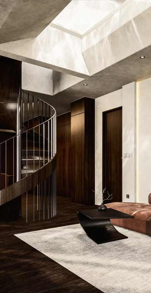 Modern villa interior with textured stone walls, natural materials, and minimalist seating in Bali.