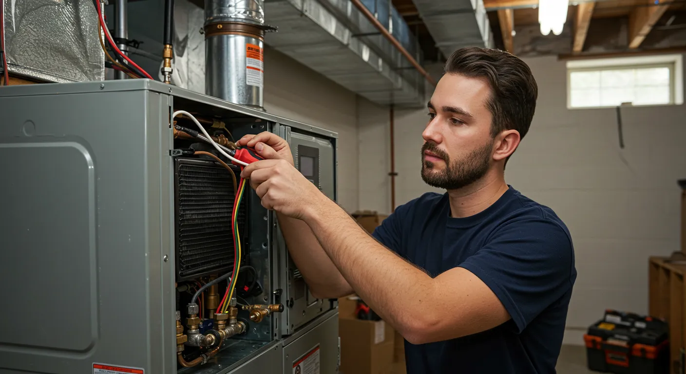 HVAC specialist troubleshooting and adjusting wiring and internal furnace parts in a basement