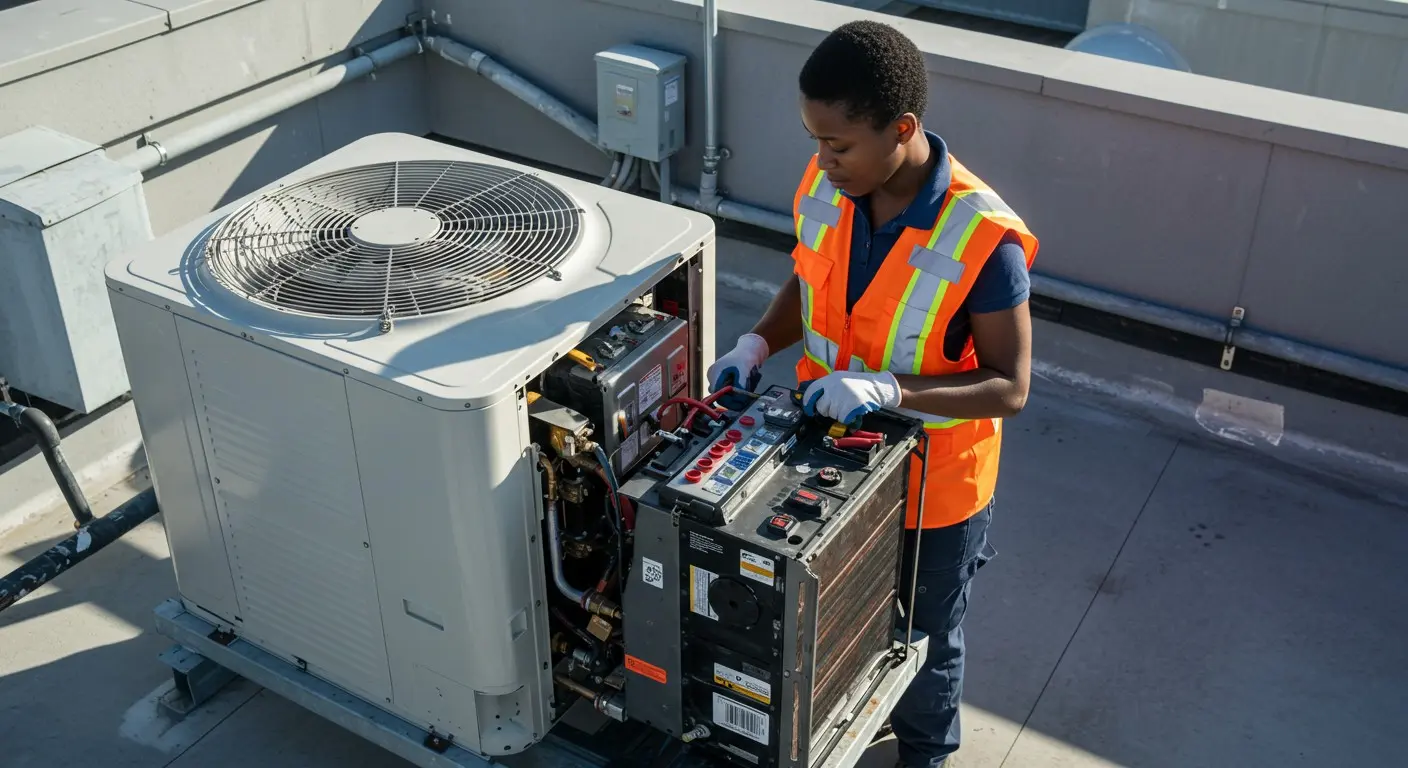 Technician repairing rooftop HVAC cooling unit.