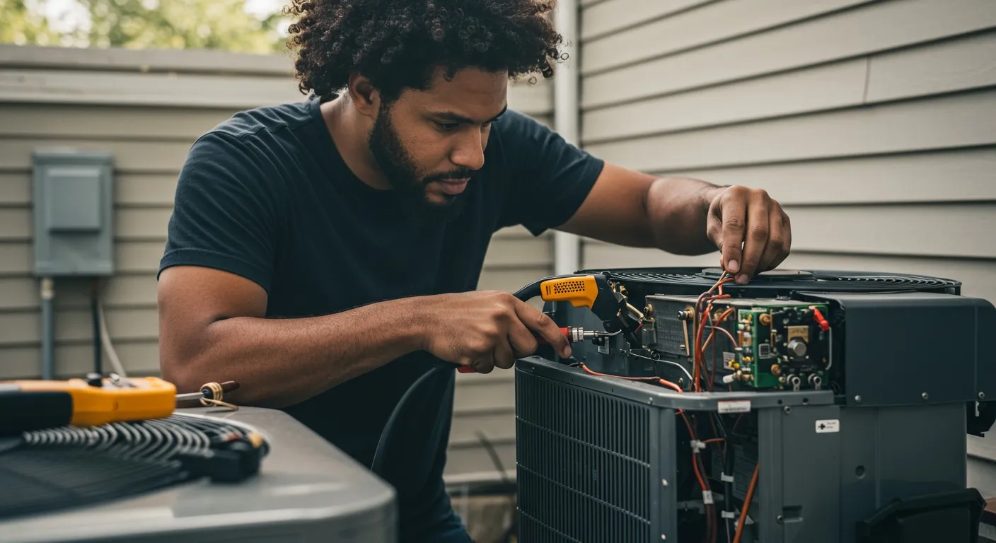 Technician repairs outdoor air conditioning unit.