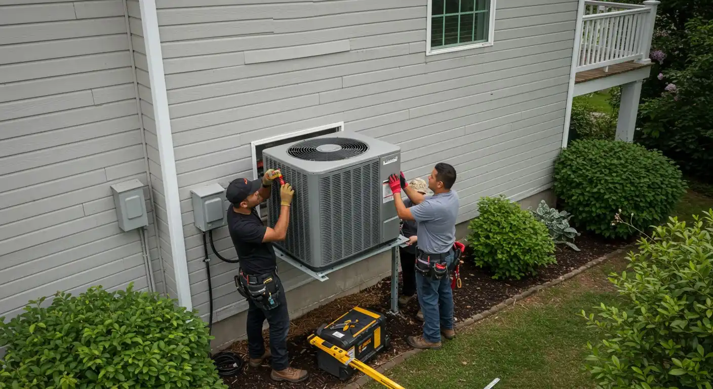 Two technicians installing outdoor HVAC unit.