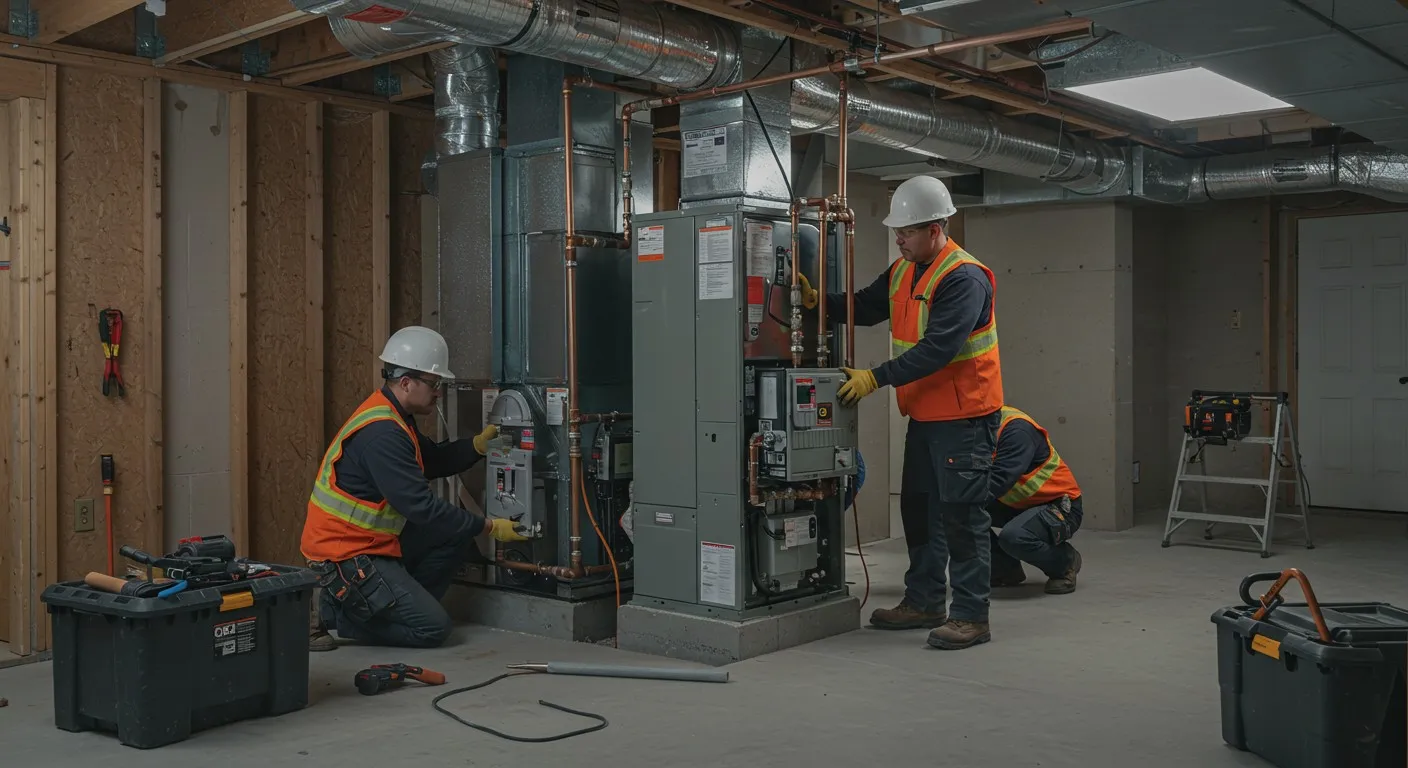 Workers installing HVAC system in basement.