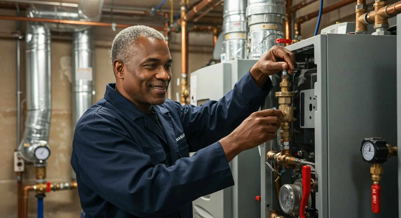 Technician adjusting a commercial heating system.