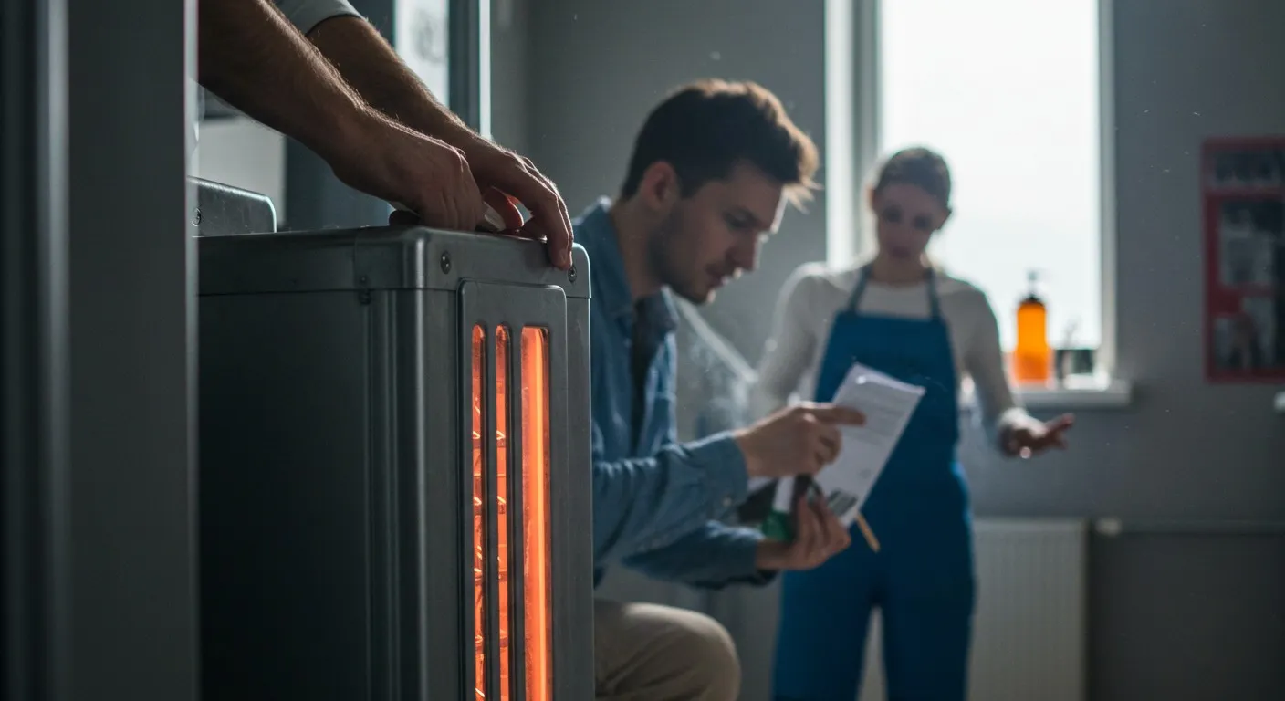 People examining a glowing industrial heater.