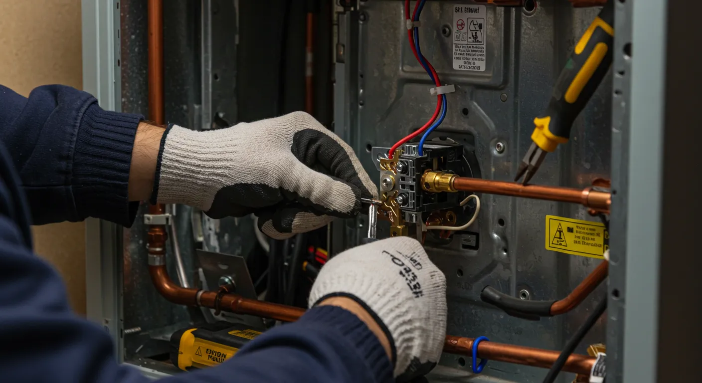 A close-up of a technician's gloved hands adjusting a brass fitting on a furnace with a screwdriver.