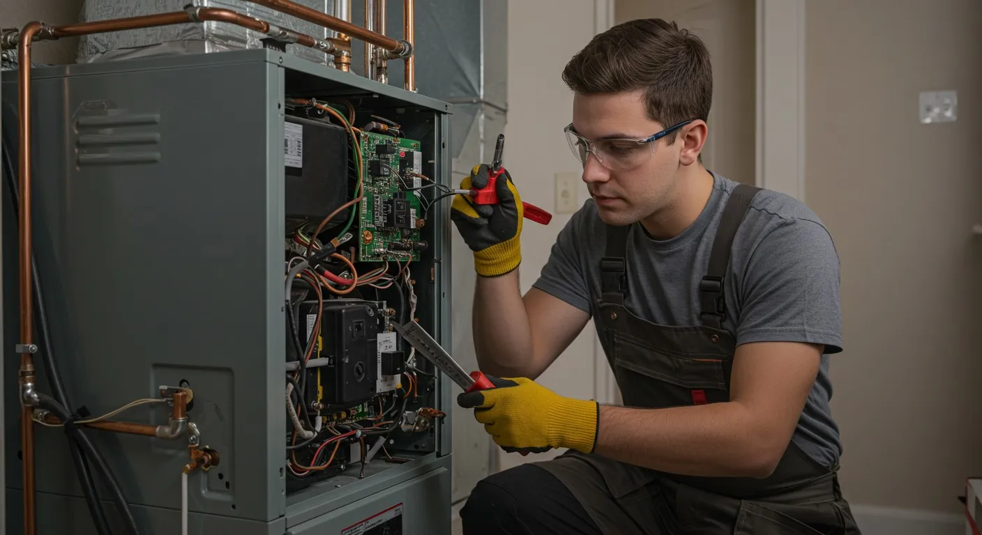Technician holding tools while repairing furnace.