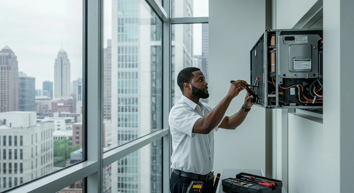 Technician repairing indoor wall HVAC unit.