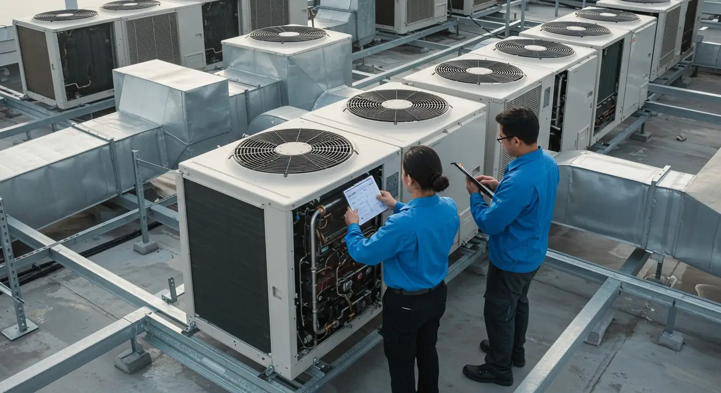 Technicians inspecting rooftop air conditioning units