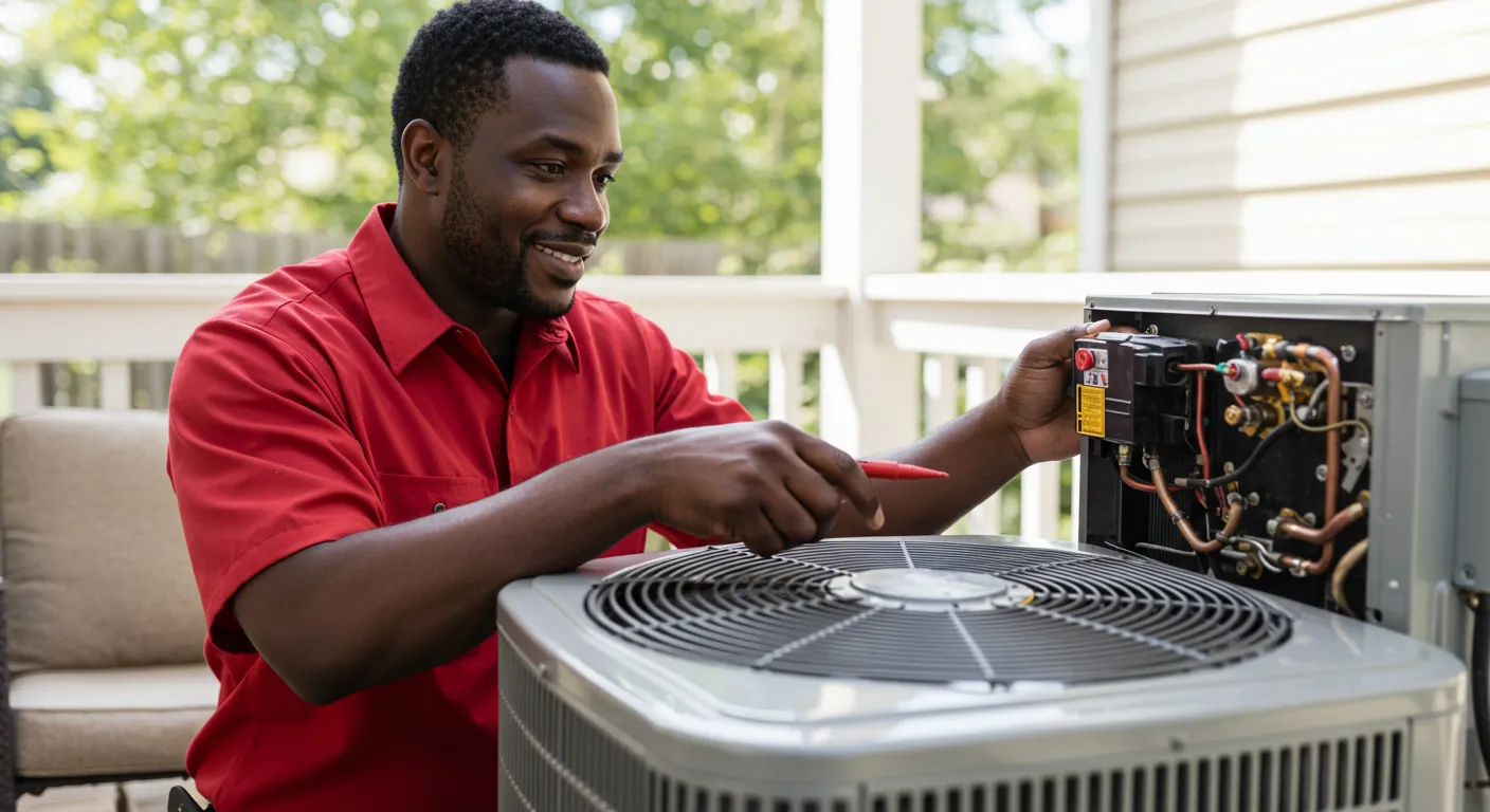 An African American technician in a red polo shirt works on the internal electrical components of an outdoor AC unit on a patio.