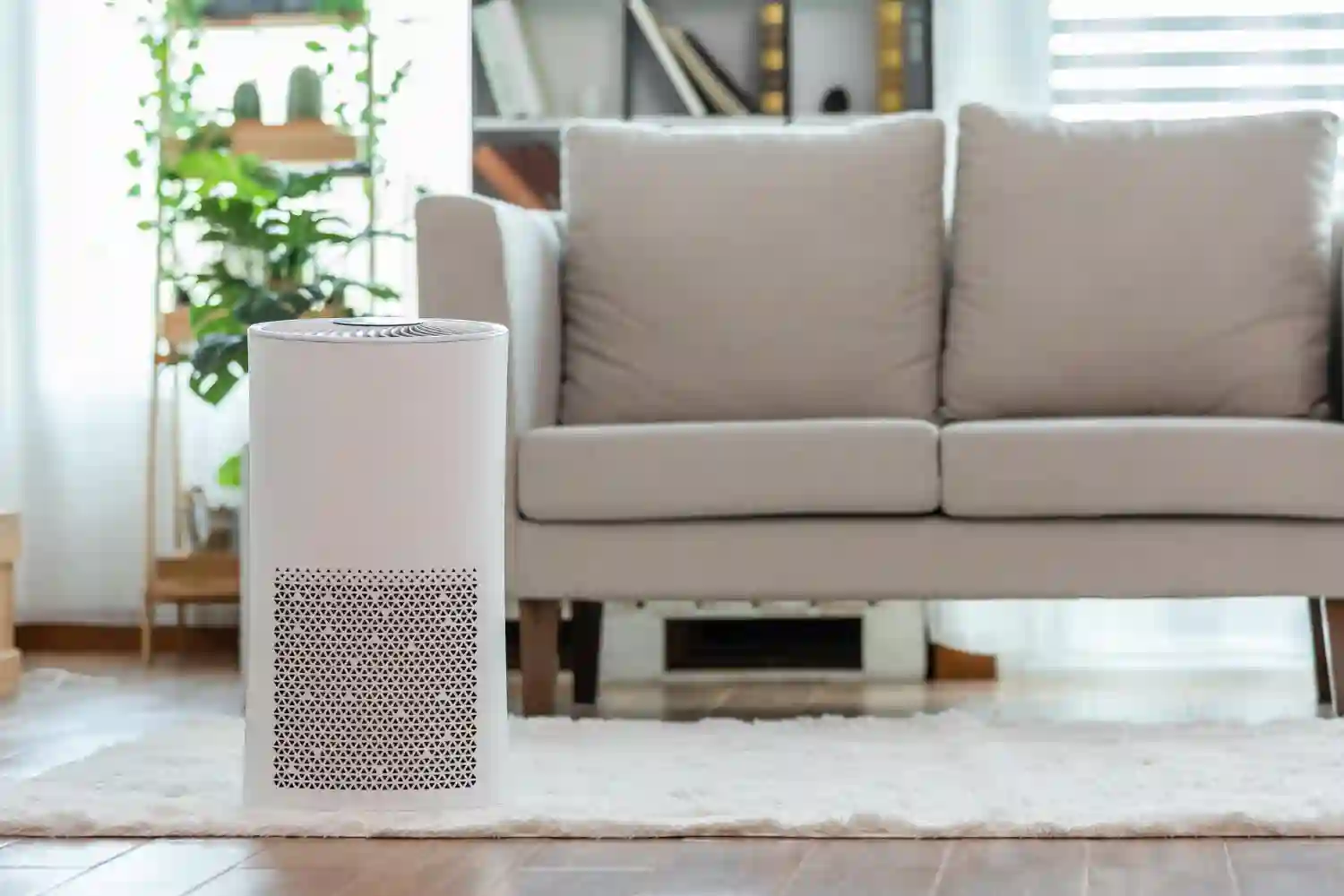 Modern air purifier sitting on rug.