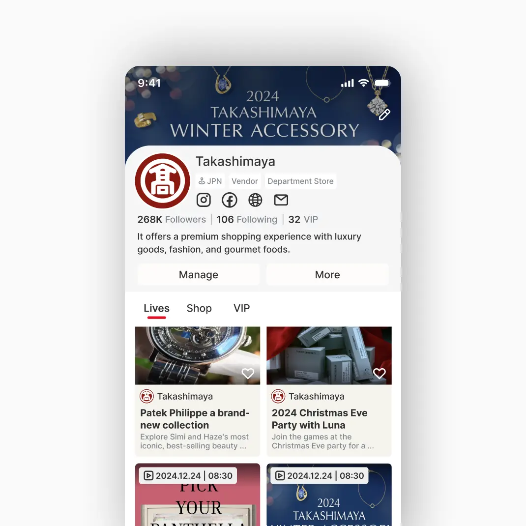 LiveABC Shop: Live Commerce Platform  - Two women demonstrating makeup brushes during a live stream with a visible chat window featuring product recommendations and viewer comments.