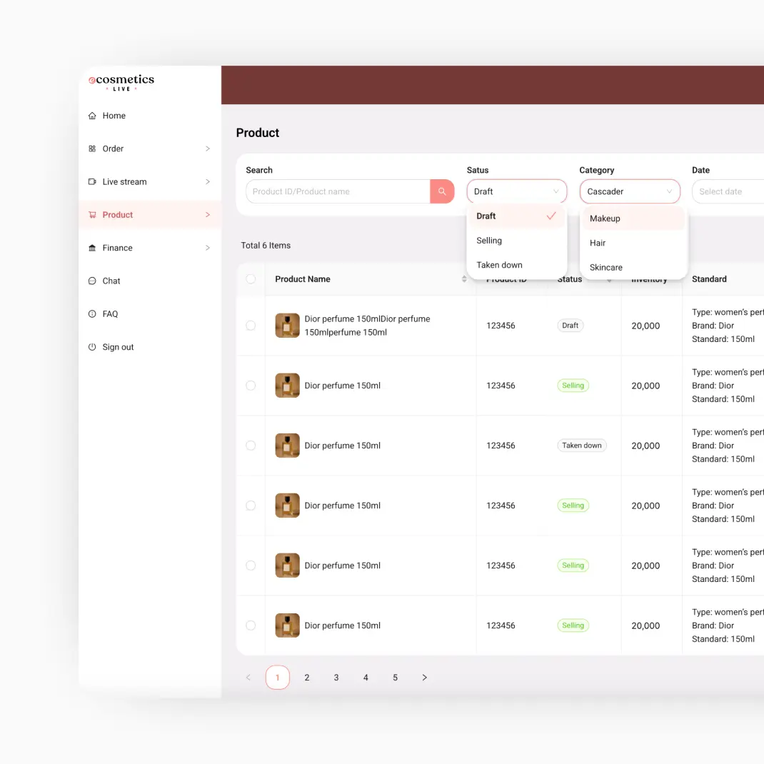 LiveABC Shop: Live Commerce Platform  - Two women demonstrating makeup brushes during a live stream with a visible chat window featuring product recommendations and viewer comments.