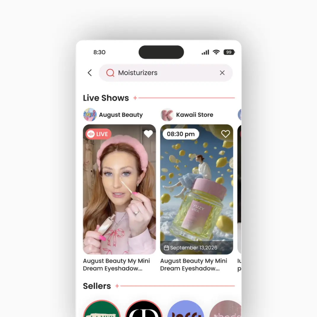 LiveABC Shop: Live Commerce Platform  - Two women demonstrating makeup brushes during a live stream with a visible chat window featuring product recommendations and viewer comments.