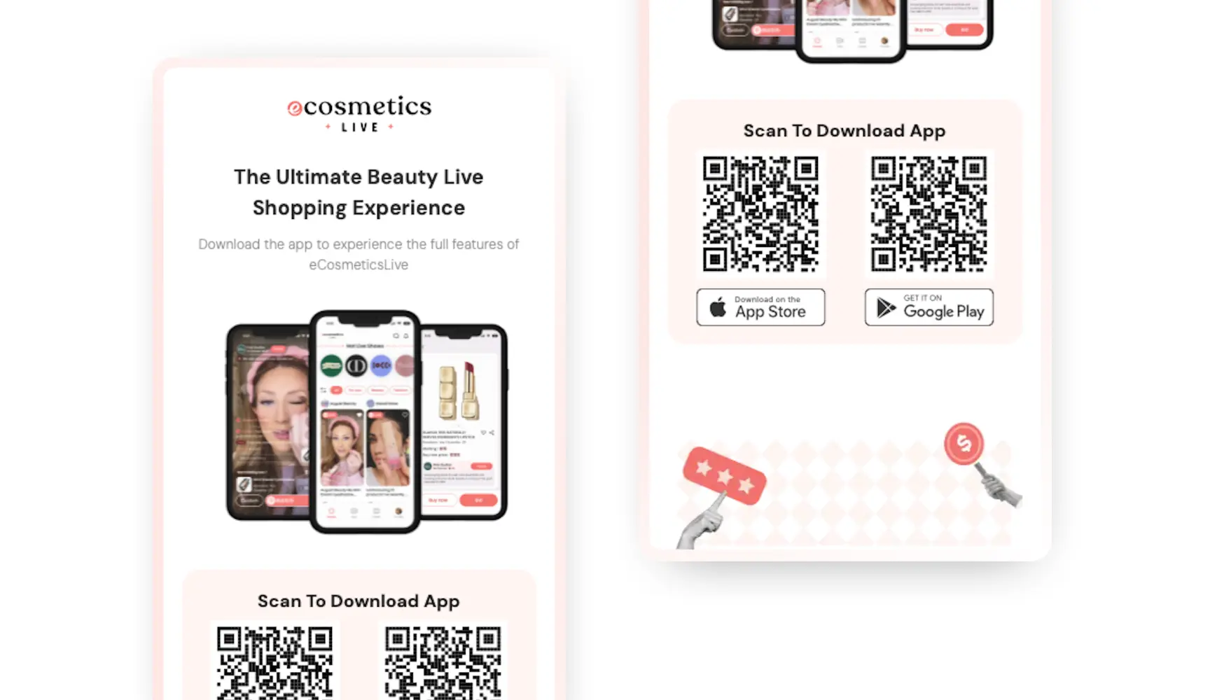 LiveABC Shop: Live Commerce Platform  - Two women demonstrating makeup brushes during a live stream with a visible chat window featuring product recommendations and viewer comments.