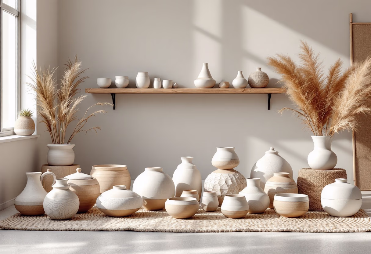 image of a curated ceramic collection on display