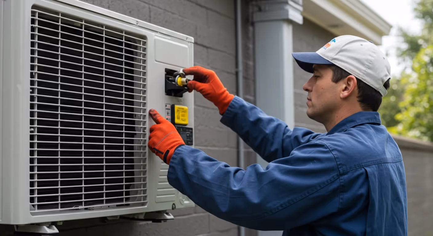A technician in a blue uniform and a hat installs or repairs a wall-mounted outdoor AC unit.