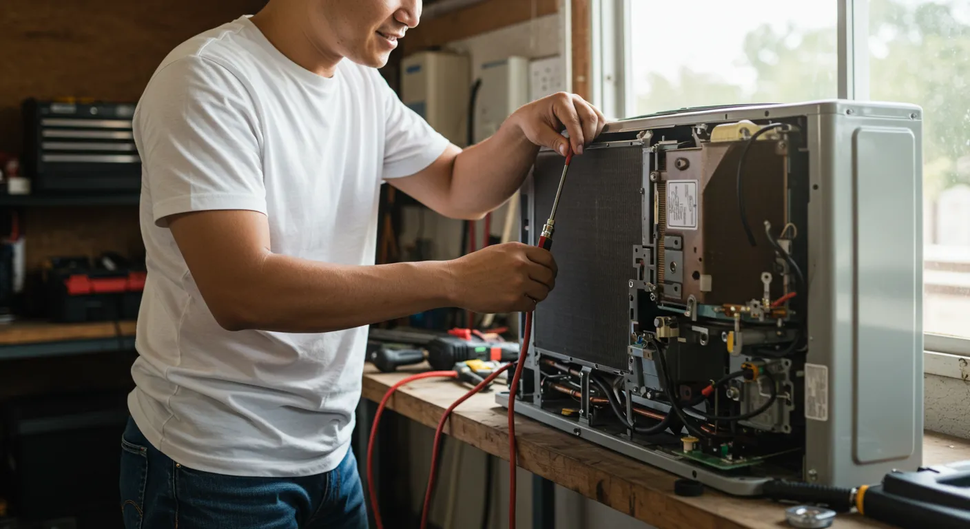 Man in a white t-shirt fixing internal parts of an open air conditioning unit with a screwdriver