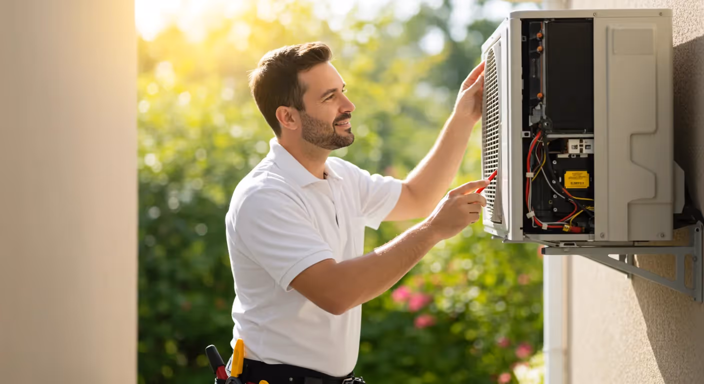 Technician in a white shirt with a tool belt inspecting an outdoor AC unit with a screwdriver