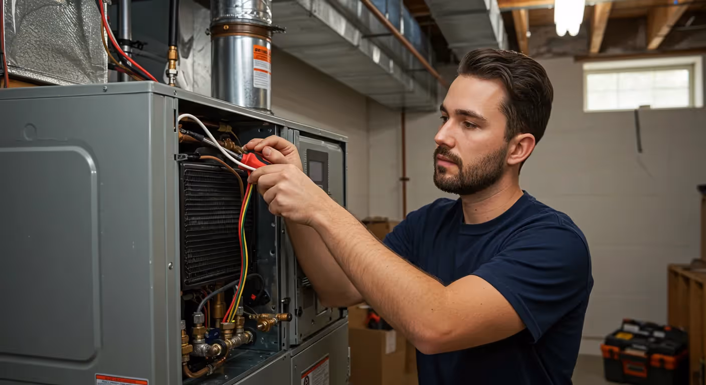 HVAC specialist troubleshooting and adjusting wiring and internal furnace parts in a basement