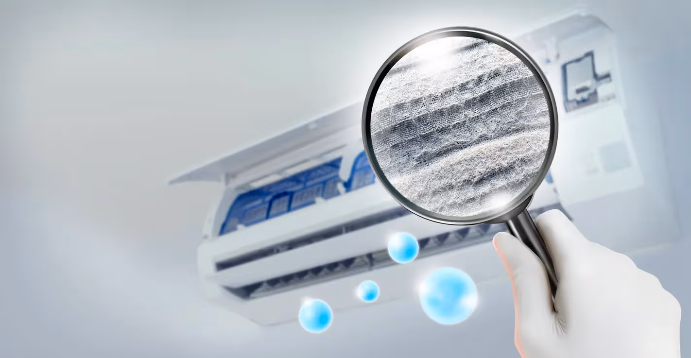 A magnifying glass hovers over a blue-lit digital screen displaying air quality data