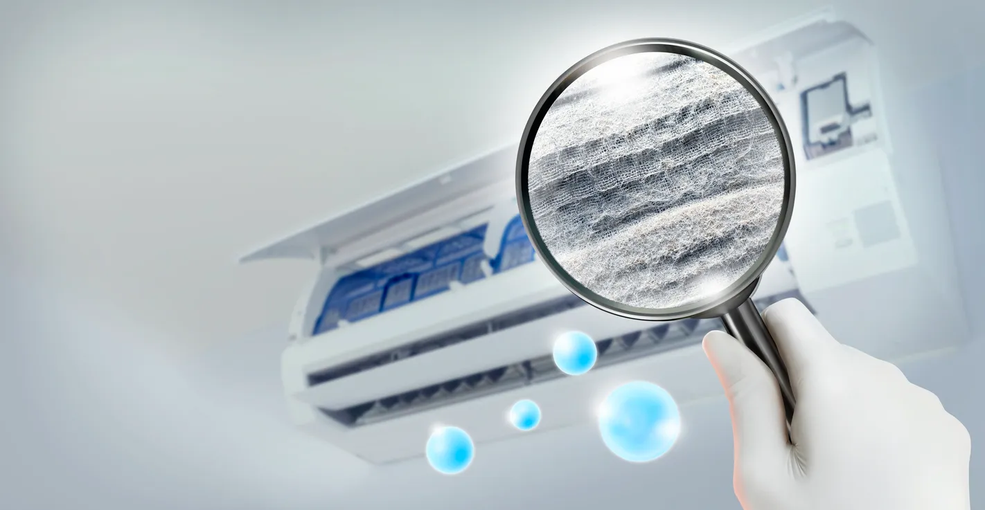 A magnifying glass hovers over a blue-lit digital screen displaying air quality data