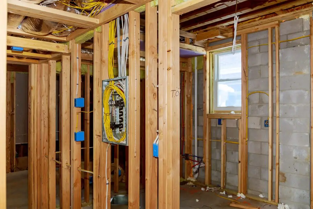 Exposed wooden wall framing in a basement showing electrical wiring, a breaker box, and concrete blocks.