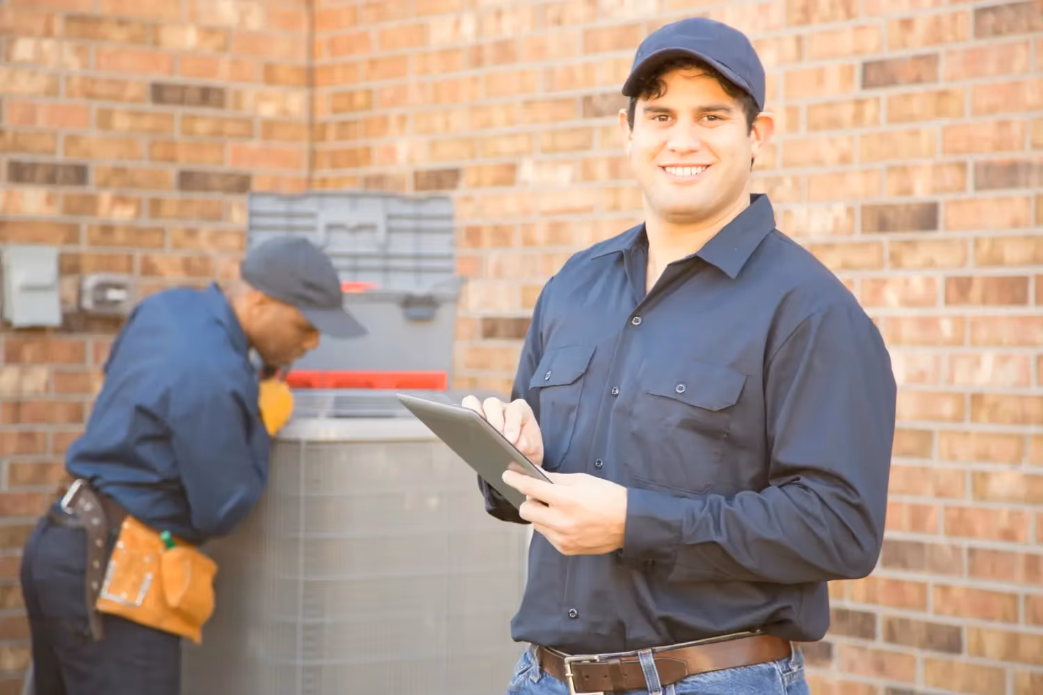 A smiling HVAC technician holding a tablet stands in front of a brick wall as a coworker works on an AC unit