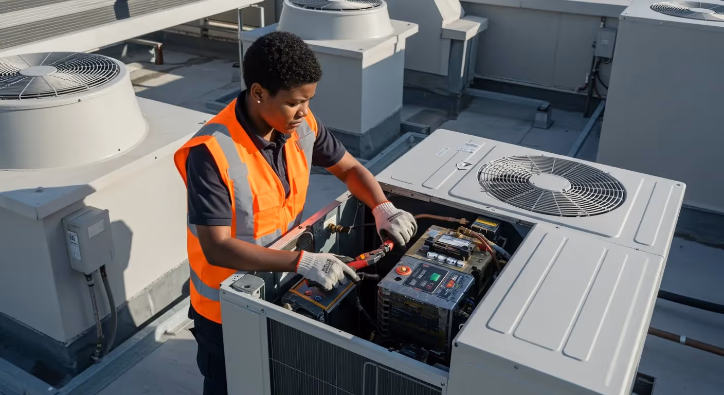 Technician maintaining a rooftop HVAC unit.