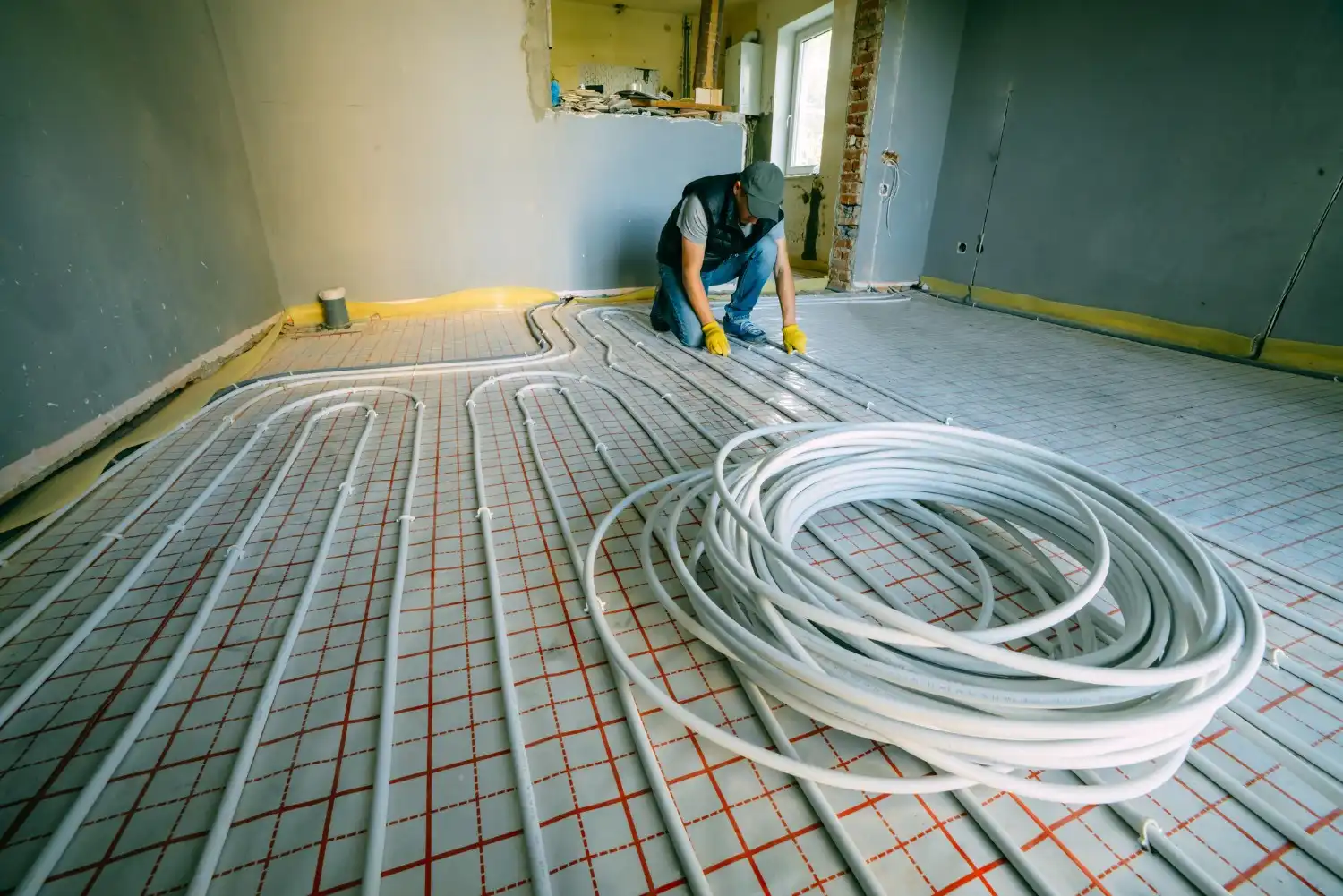A person installs or services PEX tubing for a geothermal or radiant floor heating system.