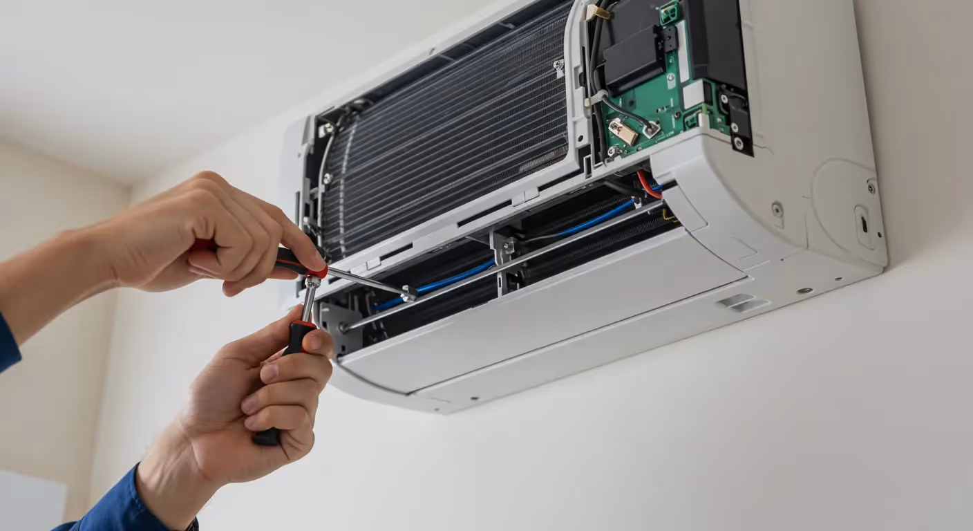 A technician's hands use a screwdriver to repair the internal parts and wires of a white, wall-mounted air conditioner.