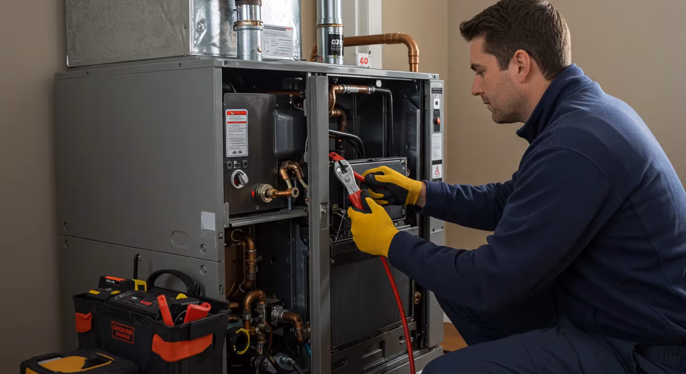 A technician in a blue shirt and yellow gloves kneels to use a pair of red pliers to adjust components inside an open furnace.